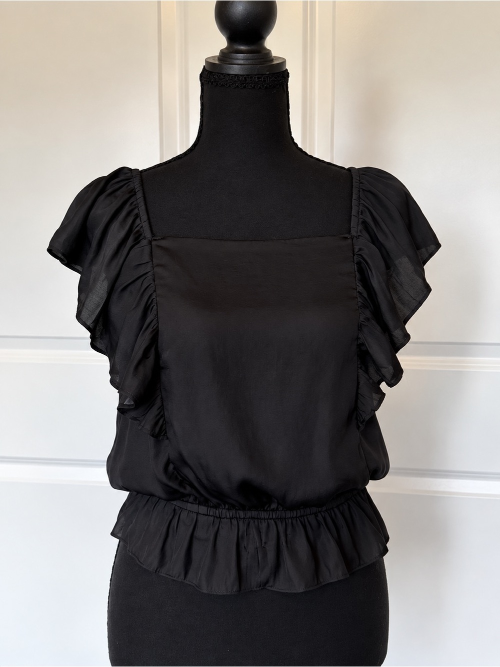 Skies Are Blue Black Square Neck Ruffle Sleeve Top
